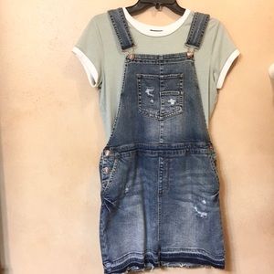Forever 21 Distressed Stretch Denim Jumper Overalls Mini Skirt Dress, S